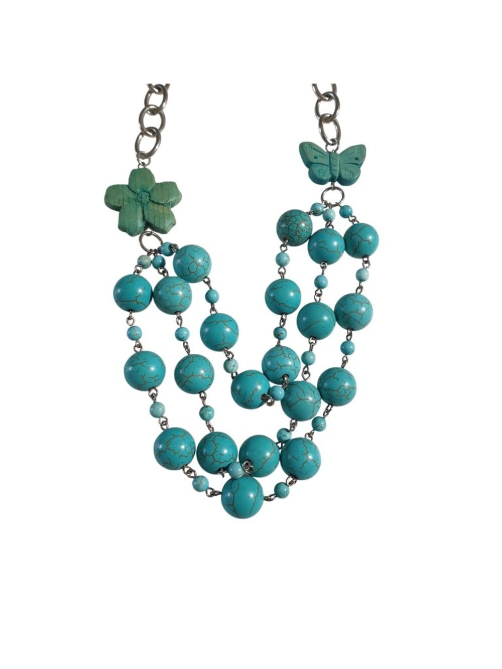 Turquoise Beaded Statement Necklace Butterfly Flower Adjustable Lobster Clasp Ch